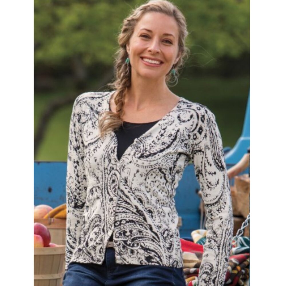 Sahalie Women's Size M Cardigan Sweater V-neck Ivory Black Print Button-up